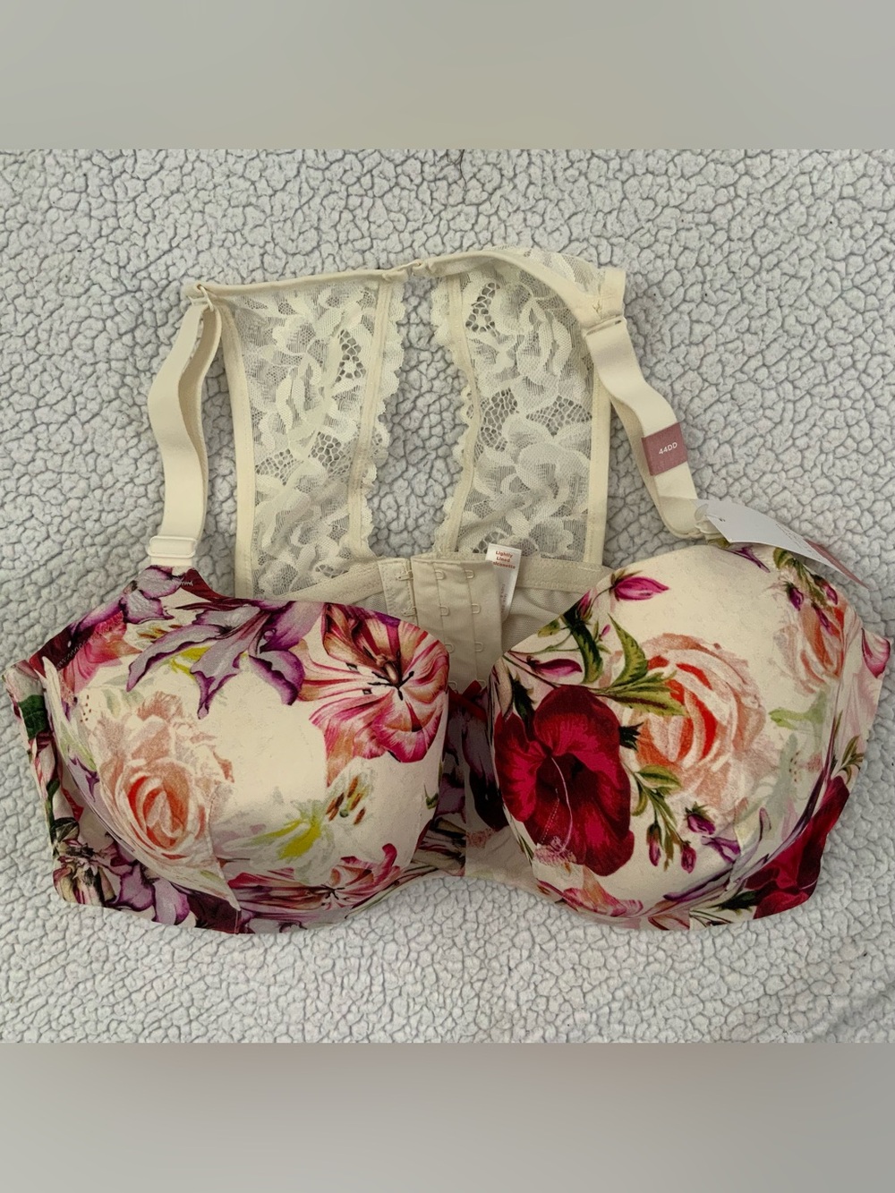 Cacique 44DD Bra Lightly Lined Balconette Underwire Bow Lace Pink Floral New